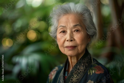 A woman with gray hair is wearing a black and white floral dress