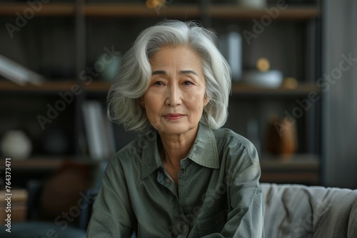 A woman with gray hair is sitting in a chair in a room