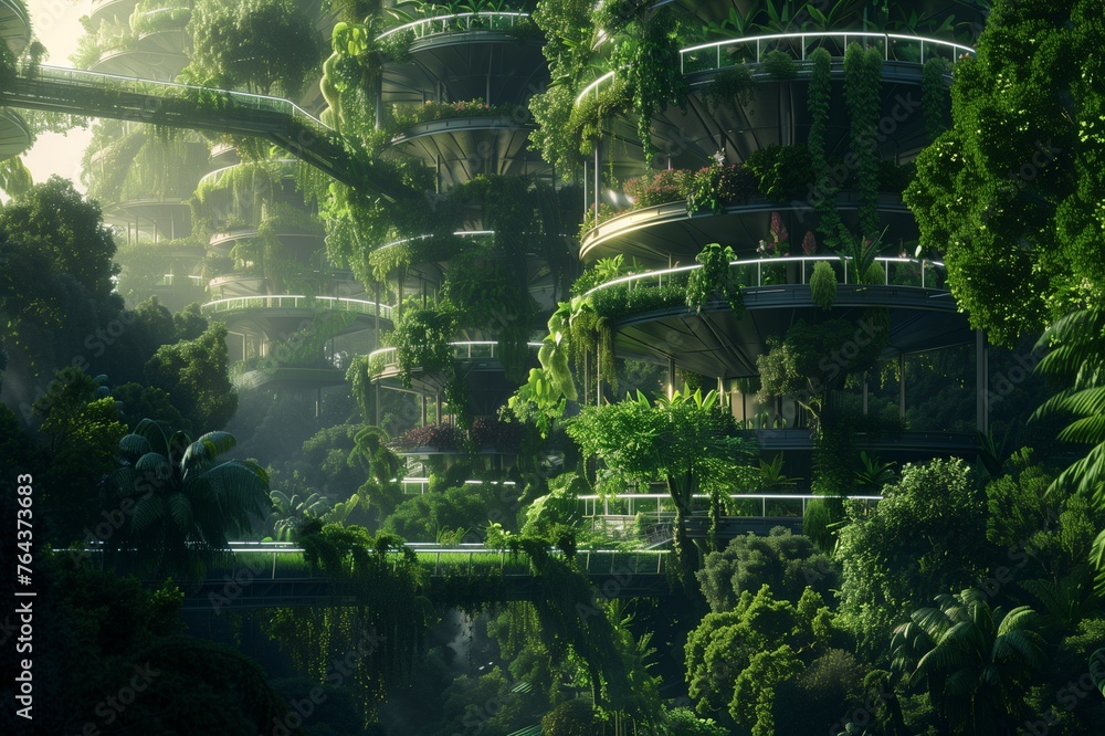 Innovative Vertical Farming Structures Amidst a Lush Forest Environment