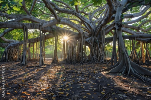 Healing Banyan  Nature s Network of Life sprawling banyan tree  roots descending from the branches to the earth below  creating a natural sanctuary.