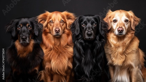 A group of three dogs sitting in a row with black background, AI