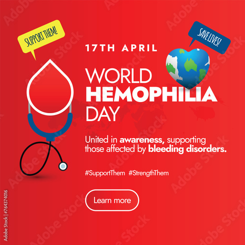 World Hemophilia day.17th April World Haemophilia day celebration social media post in bright red background with a drop of blood and an earth globe icon in it. Recognizing all bleeding disorders post