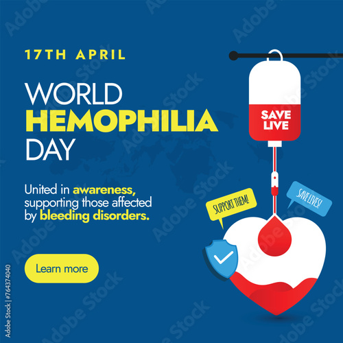 World hemophilia day. 17 April World haemophilia day banner with blood bag transferring blood in heart to promote the concept of donating blood. Blood donation conceptual banner to save live