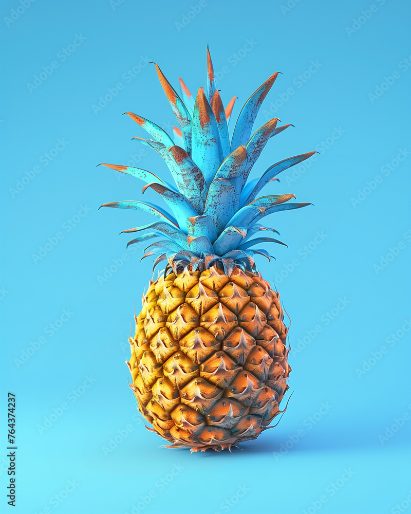 Artistic representation of a pineapple with textured skin and dynamic blue hues on a cyan background. Summer fruit concept. Artistic representation of a pineapple with textured skin and dynamic blue hues on a cyan background. Summer fruit concept.