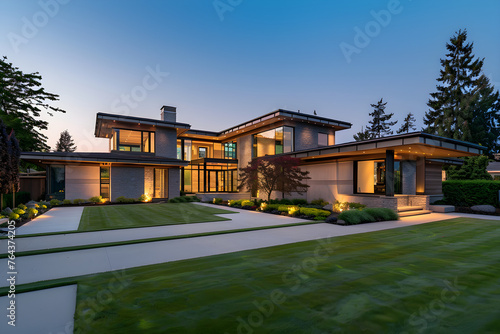Elegant and Luxurious Upscale Home with Manicured Lawn and Modern Architectural Design © Carolyn
