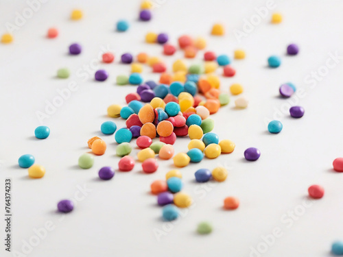 An abstract minimalist representation of colorful candies scattered on a stark white background