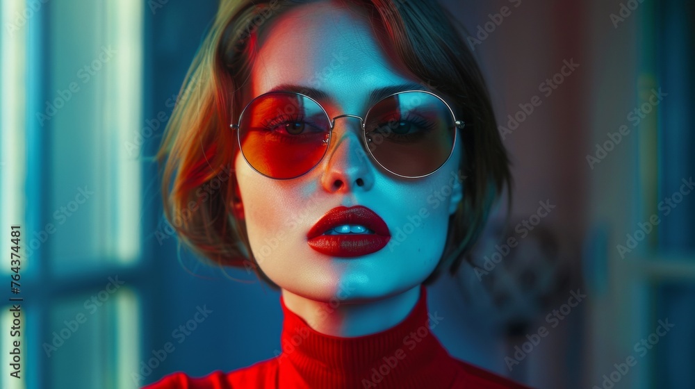 A woman with red glasses and a turtle neck sweater, AI A woman with red glasses and a turtle neck sweater, AI