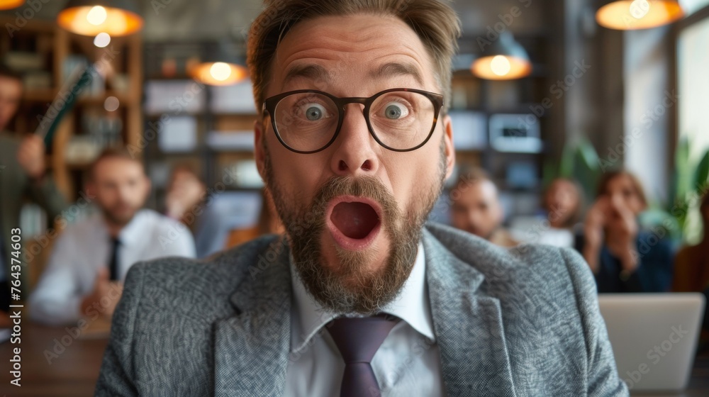 Naklejka premium A man in a suit with glasses and beard making an expression, AI