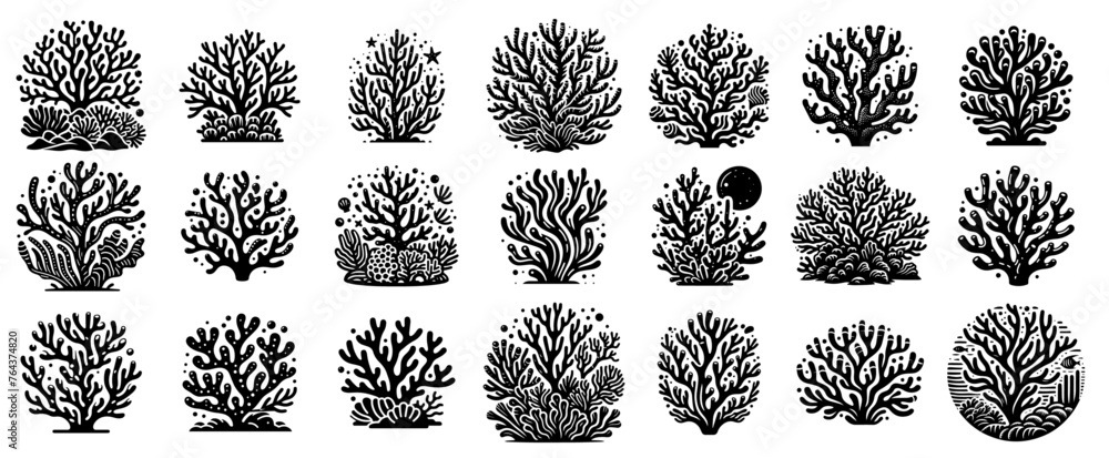 coral reef and marine life shapes set vector illustration silhouette for laser cutting cnc, engraving, decorative clipart, black shape outline