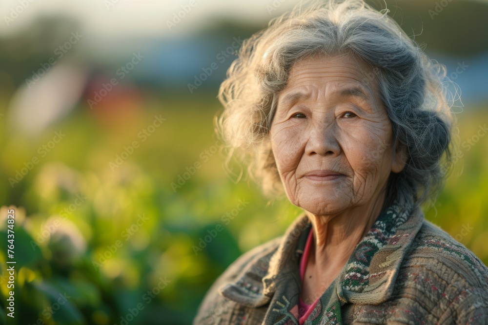 Woman farmer, female portrait. Backdrop with selective focus and copy space Woman farmer, female portrait. Backdrop with selective focus and copy space