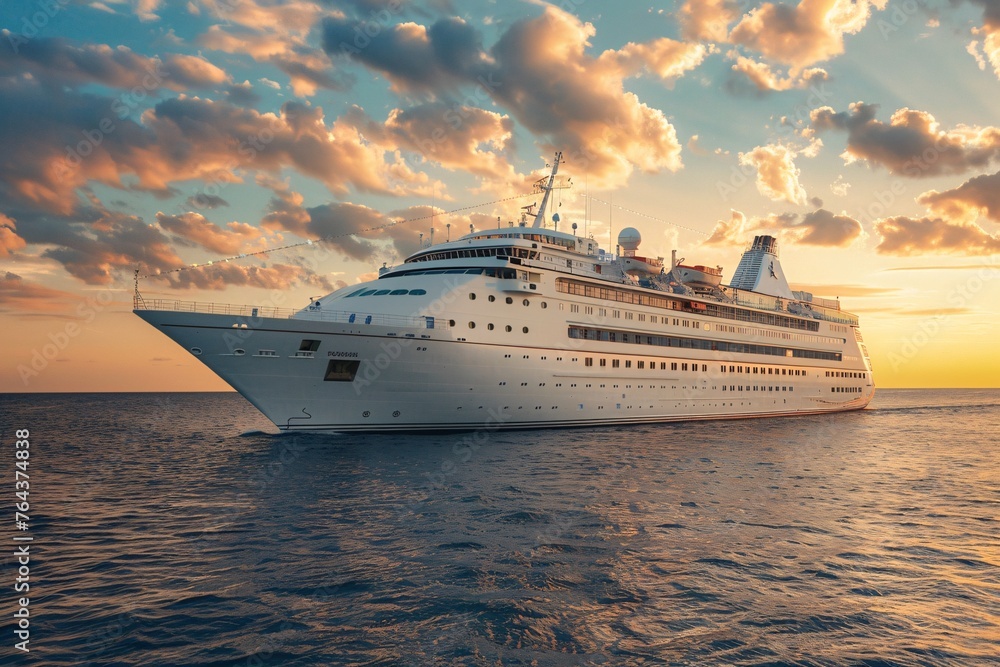 An exclusive glimpse into luxury travel with a beautiful white cruise ship sailing the ocean at dawn, embodying the essence of summer vacations and exclusive tourism