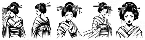 geisha portrait elegant traditional Japanese woman vector illustration silhouette for laser cutting cnc, engraving, decorative clipart, black shape outline