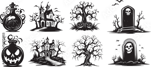 haunted house, spooky tree, and grave illustration, black vector laser cutting engraving