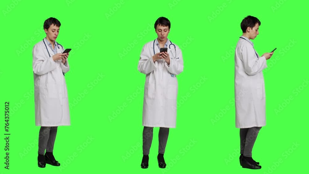 Physician navigating on social media apps to text people, stands against greenscreen backdrop. Medic in white coat browsing websites online, making checkup appointments. Camera A. Physician navigating on social media apps to text people, stands against greenscreen backdrop. Medic in white coat browsing websites online, making checkup appointments. Camera A.