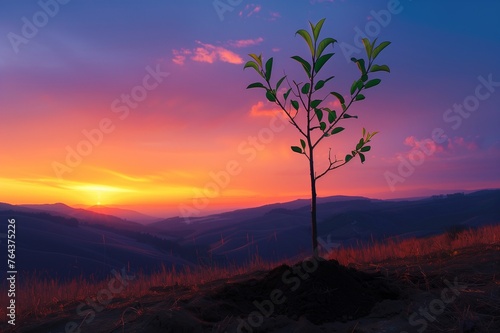 Solitary Tree Planting at Sunset: Earth Day's Quiet Reflection a single, young tree being planted on a quiet hilltop at sunset. with copy space for text