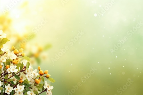 White flowers and yellow berries on sunny day, natures beauty. Copy space