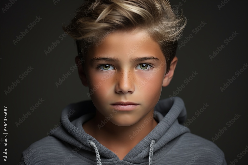 Portrait of a young boy in a gray hoodie. Studio shot.