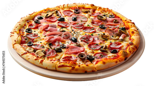 Delicious pizza with ham, salami, sausages, mushrooms, mozzarella, olives and tomato sauce, cut out