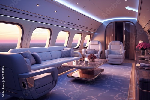 Interior of a luxury private jet airplane