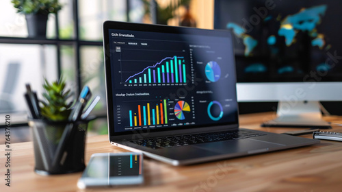 Laptop is open on a desk with a cup of coffee beside it. The laptop displays a graph with a diagram