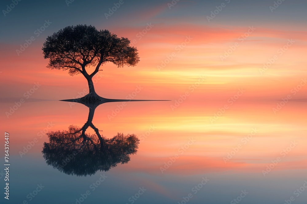 Tranquil Reflection of a Lone Tree on a Glassy Lake at Sunset, on Earth Day the water's surface as the sun sets, painting the sky in hues of orange and pink. with copy space for text