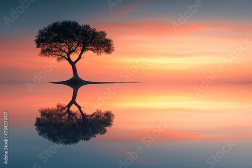 Tranquil Reflection of a Lone Tree on a Glassy Lake at Sunset  on Earth Day the water s surface as the sun sets  painting the sky in hues of orange and pink. with copy space for text