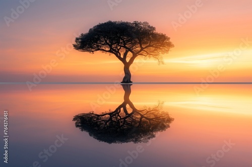 Tranquil Reflection of a Lone Tree on a Glassy Lake at Sunset, on Earth Day the water's surface as the sun sets, painting the sky in hues of orange and pink. with copy space for text © SardarMuhammad