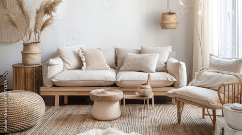 A cozy minimalist living room with Scandinavian influences featuring natural wood accents and a soft