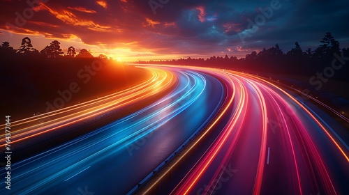 A dynamic and high speed abstract background of city highway with light trails at night. AI Image Generative