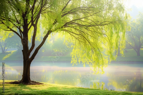 Whispering Willows: The Healing Embrace of Nature's Sanctuary a willow tree by a tranquil pond, its branches gently swaying in the breeze.