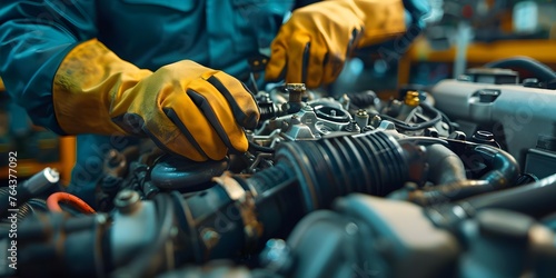Dedicated mechanic inspecting engine in repair shop. Concept Mechanic, Engine Inspection, Repair Shop, Automotive Maintenance, Skilled Technician