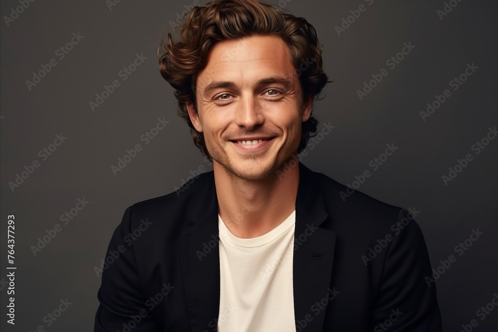 Fototapeta premium Portrait of a handsome young man smiling at the camera while standing against grey background