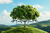 Wind Turbine Tree on a Green Hill: A Symbol of Earth Day's Sustainable Future, its branches holding slender turbines that rotate gently in the breeze.