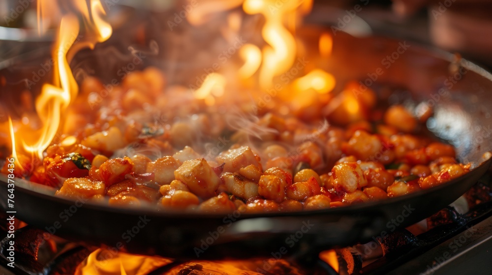 A pan of a skillet filled with food on fire, AI A pan of a skillet filled with food on fire, AI