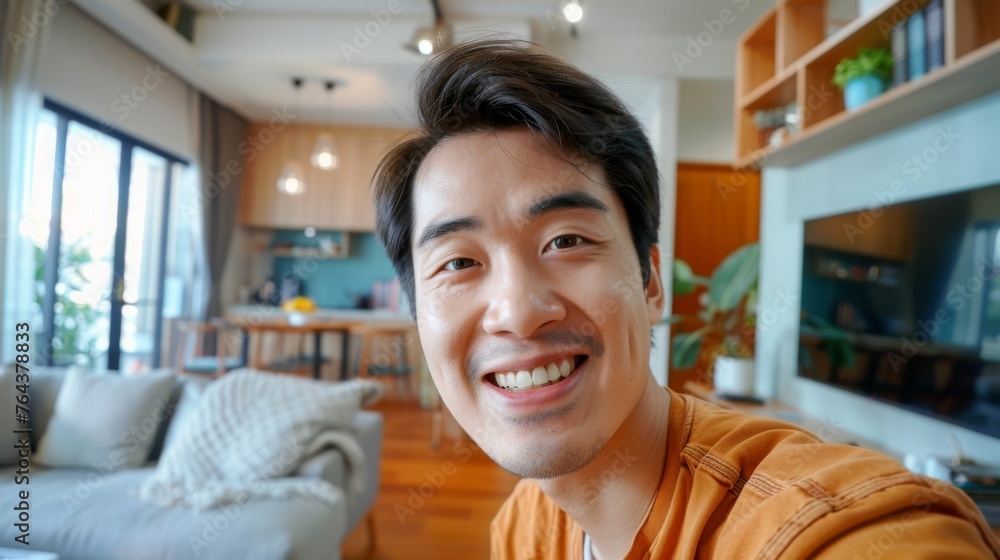 Man is taking a selfie in her apartment Man is taking a selfie in her apartment