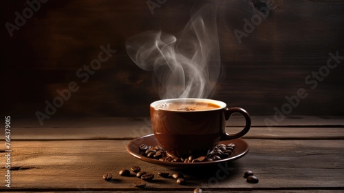 Traditional coffee cup with heart-shaped steam sits on rustic wood, evoking warmth and comfort. Ai Generated
