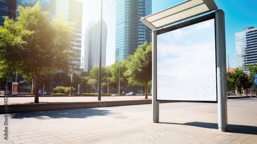 A vertical blank white billboard stands at a bus stop on a city street  offering advertising space. Ai Generated