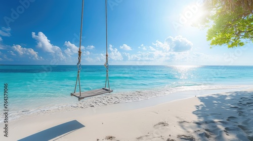 Serene summer scene: hammock sways on white sands by calm sea, Ai Generated.