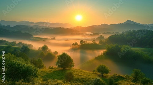Enthusiastic sunrise bathes green valley in golden light, Ai Generated. © Crazy Juke