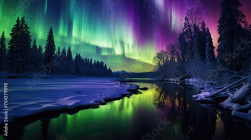 Winter aurora paints a mesmerizing spectrum of colors across the night sky, Ai Generated. © Crazy Juke