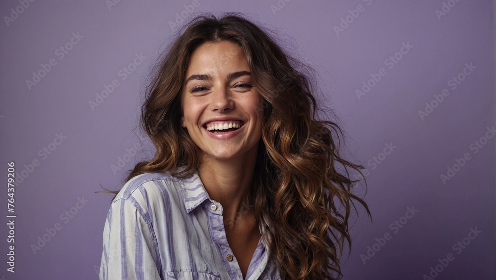 Fototapeta premium Argentinian woman in her 20s with beautiful wavy hair posing smilingly against a light purple background, studio shot, space for advertising
