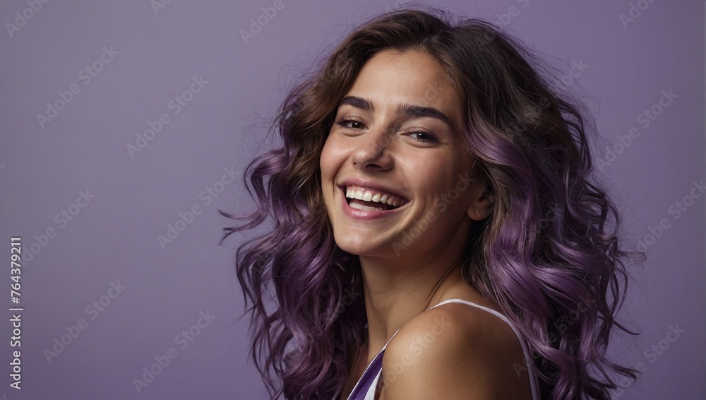 Argentinian woman in her 20s with beautiful wavy hair posing smilingly against a light purple background, studio shot, space for advertising Argentinian woman in her 20s with beautiful wavy hair posing smilingly against a light purple background, studio shot, space for advertising