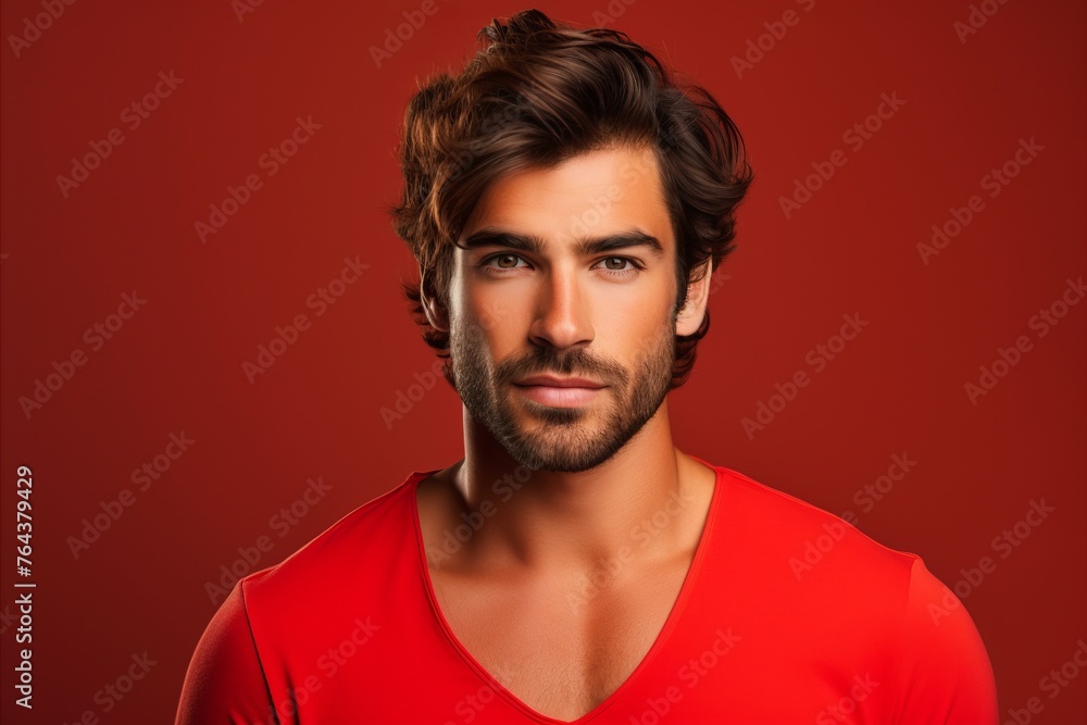 Portrait of handsome young man on red background. Men's beauty, fashion. Portrait of handsome young man on red background. Men's beauty, fashion.
