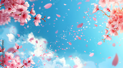 Pink cherry blossom petals flying in the sky, background with copy space for text. Spring floral wallpaper, blooming sakura flowers, nature landscape banner. 
