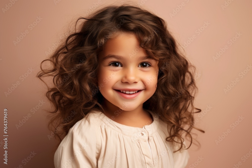 Portrait of a smiling little girl with long curly hair on a pink background Portrait of a smiling little girl with long curly hair on a pink background