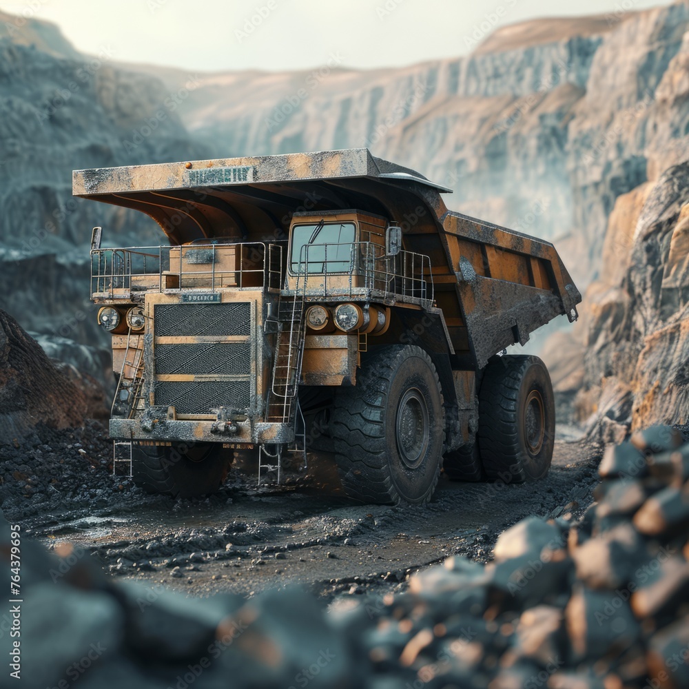 A robust mining truck in operation within a rocky quarry, ideal for industrial presentations or machinery trade publications