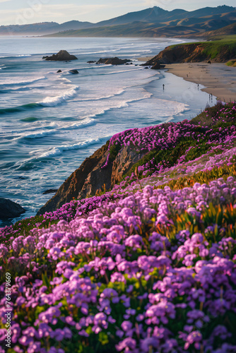 The California coast is covered in vibrant purple and pink flowers, creating an enchanting scene along the beach. A lone surfer stands on one of the many pristine beaches
