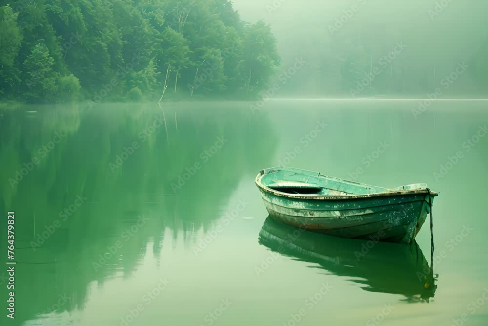 Boat on calm lake water with green trees in mist