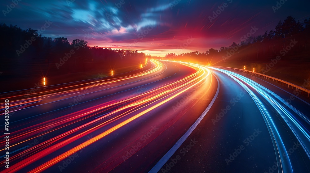 A dynamic and high speed abstract background of city highway with light trails at night. AI Image Generative - obrazy, fototapety, plakaty 