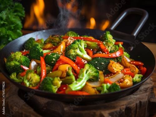A close-up of sauteed colorful vegetables sprinkled with sesame seeds in a pan, illustrating a healthy cooking concept suitable for culinary-related advertising and recipe blogs.